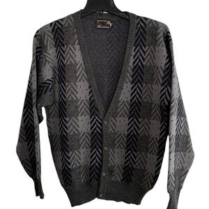 VTG Mens Cardigan Sweater Geometric Grandpa Medium Pure Wool Kurt Cobain 80s 90s